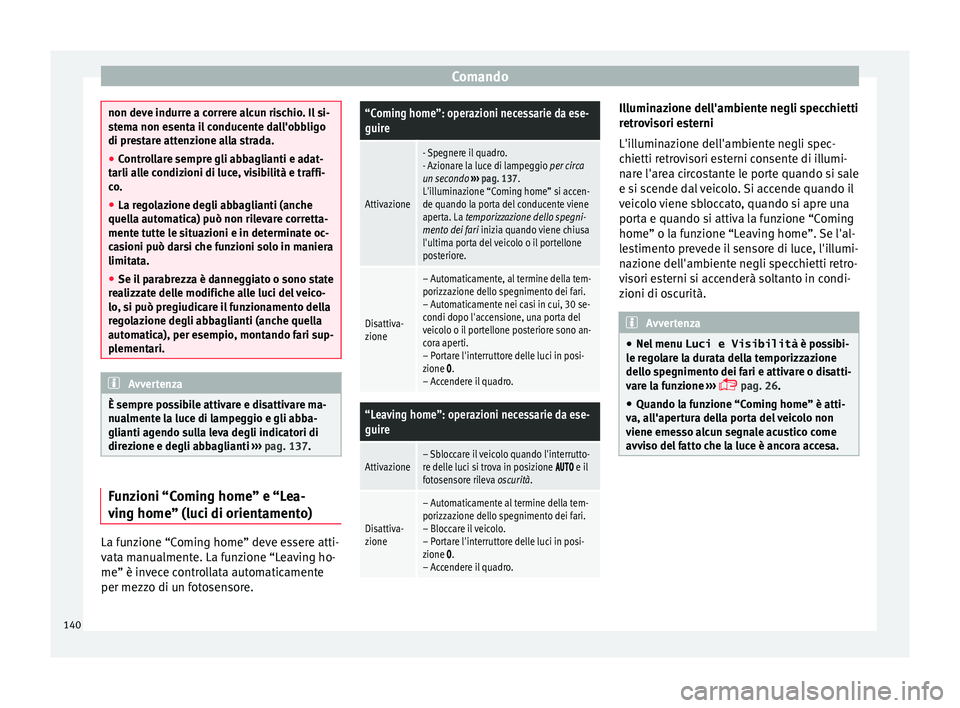 Seat Alhambra 2016 Manuale del proprietario (in Italian) Comando
non deve indurre a correre alcun rischio. Il si-
st
em
a non esenta il conducente dall'obbligo
di prestare attenzione alla strada.
● Controllare sempre gli abbaglianti e adat-
tarli al
Seat Alhambra 2016 Manuale del proprietario (in Italian) Comando
non deve indurre a correre alcun rischio. Il si-
st
em
a non esenta il conducente dall'obbligo
di prestare attenzione alla strada.
● Controllare sempre gli abbaglianti e adat-
tarli al