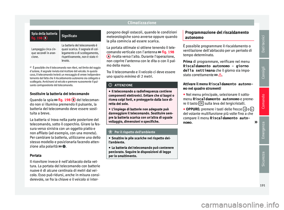 Seat Alhambra 2016 Manuale del proprietario (in Italian) ClimatizzazioneSpia della batteria
fig. 198
BSignificato
Lampeggia circa cin-
que secondi in aran-
cione.La batteria del telecomando è
quasi scarica. Il segnale di col-
legamento o di scollegamento, Seat Alhambra 2016 Manuale del proprietario (in Italian) ClimatizzazioneSpia della batteria
fig. 198
BSignificato
Lampeggia circa cin-
que secondi in aran-
cione.La batteria del telecomando è
quasi scarica. Il segnale di col-
legamento o di scollegamento,