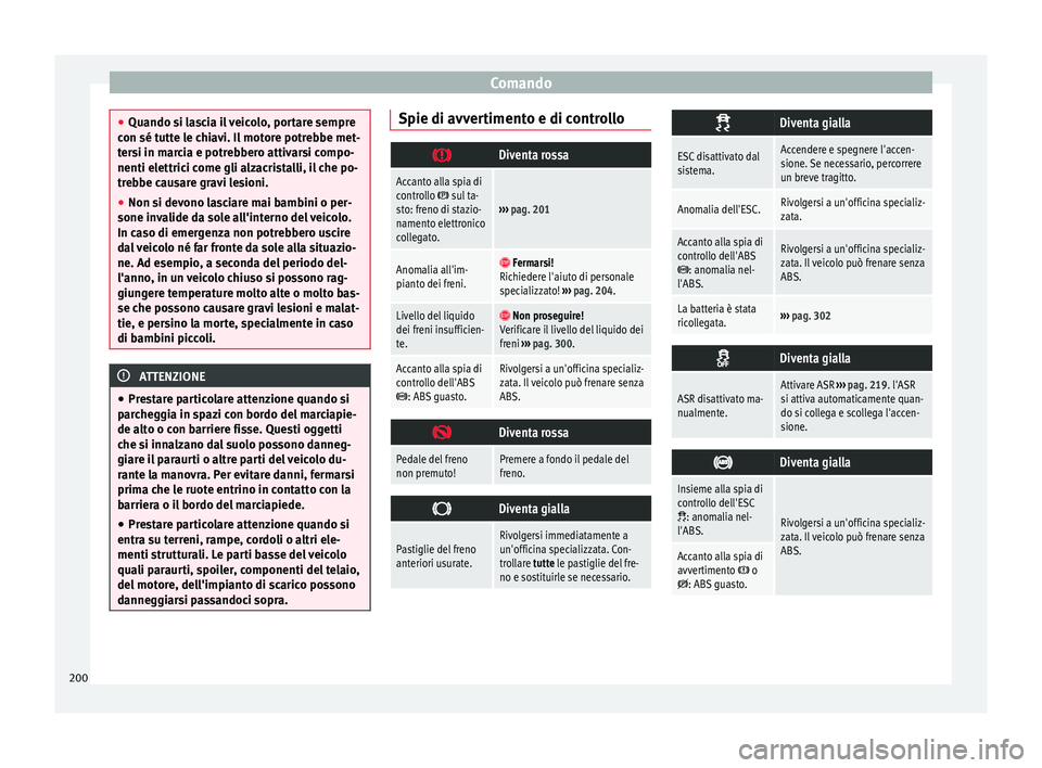 Seat Alhambra 2016  Manuale del proprietario (in Italian) Comando
●
Quando si l a
scia il veicolo, portare sempre
con sé tutte le chiavi. Il motore potrebbe met-
tersi in marcia e potrebbero attivarsi compo-
nenti elettrici come gli alzacristalli, il che 