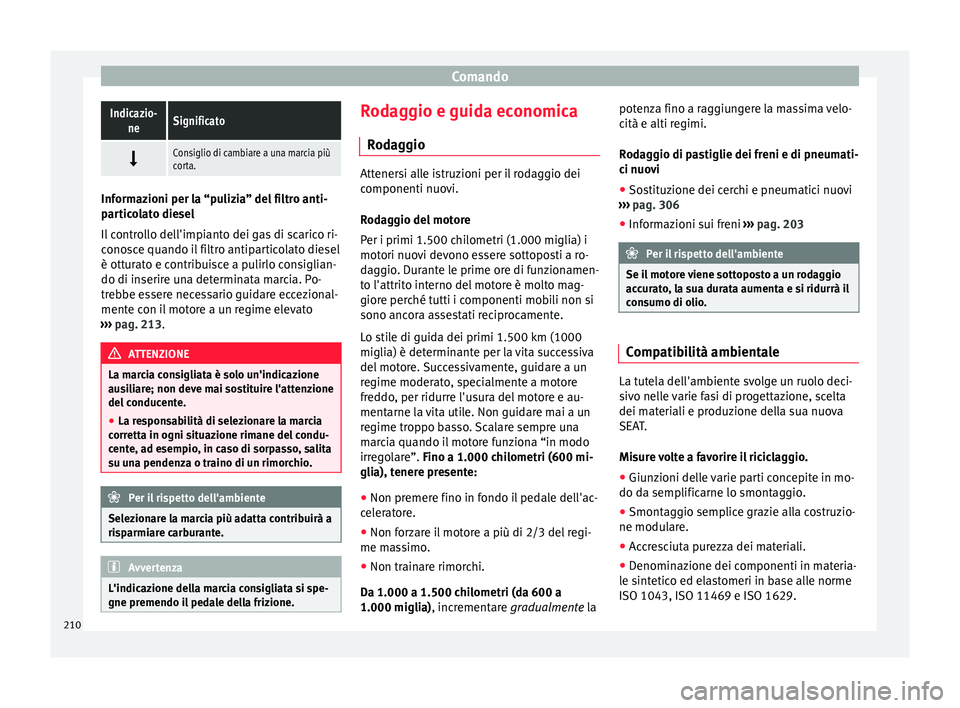 Seat Alhambra 2016 Manuale del proprietario (in Italian) ComandoIndicazio-
neSignificato
Consiglio di cambiare a una marcia più
corta.
Informazioni per la “pulizia” del filtro anti-
par
tic
olato diesel
Il controllo dell'impianto dei gas di sc Seat Alhambra 2016 Manuale del proprietario (in Italian) ComandoIndicazio-
neSignificato
Consiglio di cambiare a una marcia più
corta.
Informazioni per la “pulizia” del filtro anti-
par
tic
olato diesel
Il controllo dell'impianto dei gas di sc