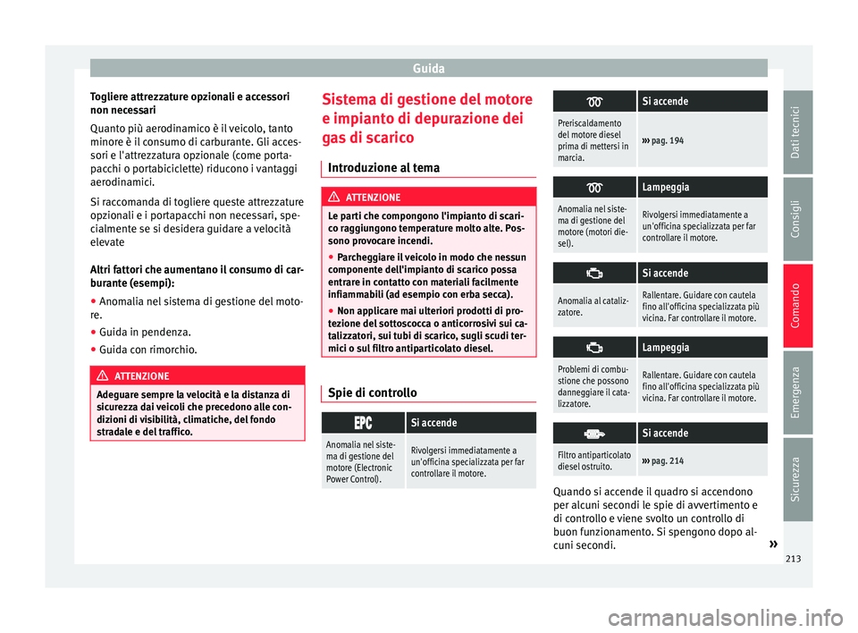 Seat Alhambra 2016 Manuale del proprietario (in Italian) Guida
Togliere attrezzature opzionali e accessori
non nec e
s
sari
Quanto più aerodinamico è il veicolo, tanto
minore è il consumo di carburante. Gli acces-
sori e l'attrezzatura opzionale (com Seat Alhambra 2016 Manuale del proprietario (in Italian) Guida
Togliere attrezzature opzionali e accessori
non nec e
s
sari
Quanto più aerodinamico è il veicolo, tanto
minore è il consumo di carburante. Gli acces-
sori e l'attrezzatura opzionale (com