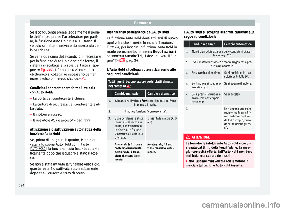 Seat Alhambra 2016 Manuale del proprietario (in Italian) Comando
Se il conducente preme leggermente il peda-
l e del
fr
eno o preme l'acceleratore per parti-
re, la funzione Auto Hold rilascia il freno. Il
veicolo si mette in movimento a seconda del-
l Seat Alhambra 2016 Manuale del proprietario (in Italian) Comando
Se il conducente preme leggermente il peda-
l e del
fr
eno o preme l'acceleratore per parti-
re, la funzione Auto Hold rilascia il freno. Il
veicolo si mette in movimento a seconda del-
l