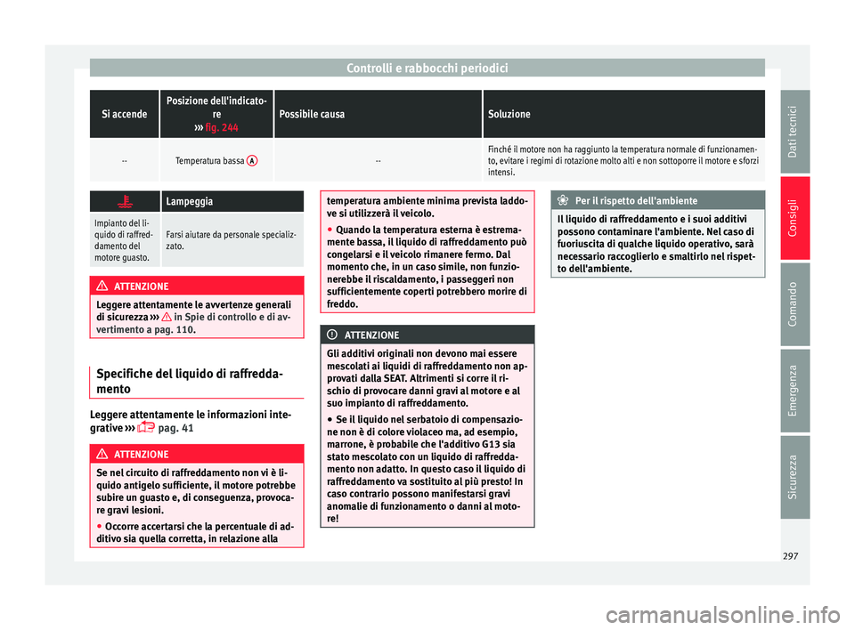 Seat Alhambra 2016  Manuale del proprietario (in Italian) Controlli e rabbocchi periodiciSi accendePosizione dell'indicato-
re
›››  fig. 244Possibile causaSoluzione
--Temperatura bassa  A--Finché il motore non ha raggiunto la temperatura normale d
