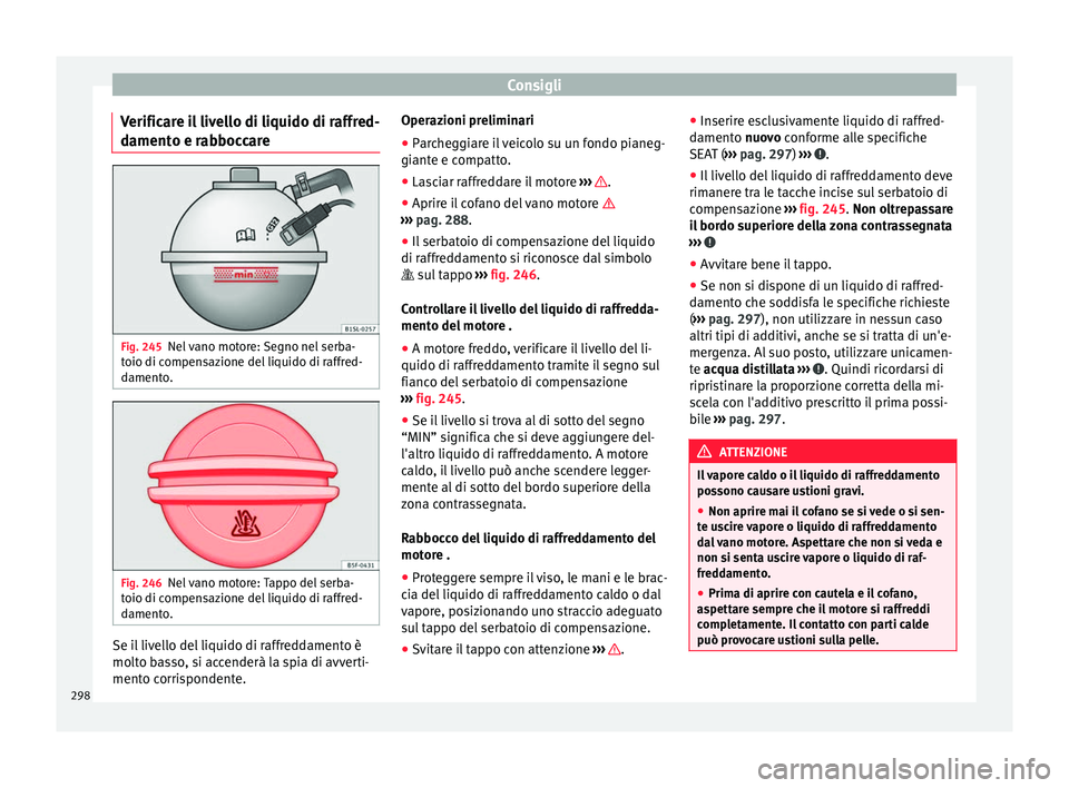 Seat Alhambra 2016  Manuale del proprietario (in Italian) Consigli
Verificare il livello di liquido di raffred-
d ament
o e r
abboccareFig. 245
Nel vano motore: Segno nel serba-
t oio di c
ompen

sazione del liquido di raffred-
damento. Fig. 246
Nel vano mot