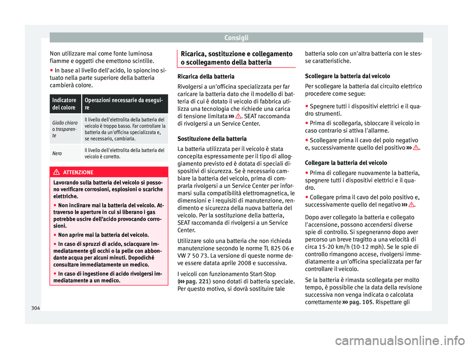 Seat Alhambra 2016 Manuale del proprietario (in Italian) Consigli
Non utilizzare mai come fonte luminosa
fi amme e og
g
etti che emettono scintille.
● In base al livello dell'acido, lo spioncino si-
tuato nel
la parte superiore della batteria
cambier Seat Alhambra 2016 Manuale del proprietario (in Italian) Consigli
Non utilizzare mai come fonte luminosa
fi amme e og
g
etti che emettono scintille.
● In base al livello dell'acido, lo spioncino si-
tuato nel
la parte superiore della batteria
cambier