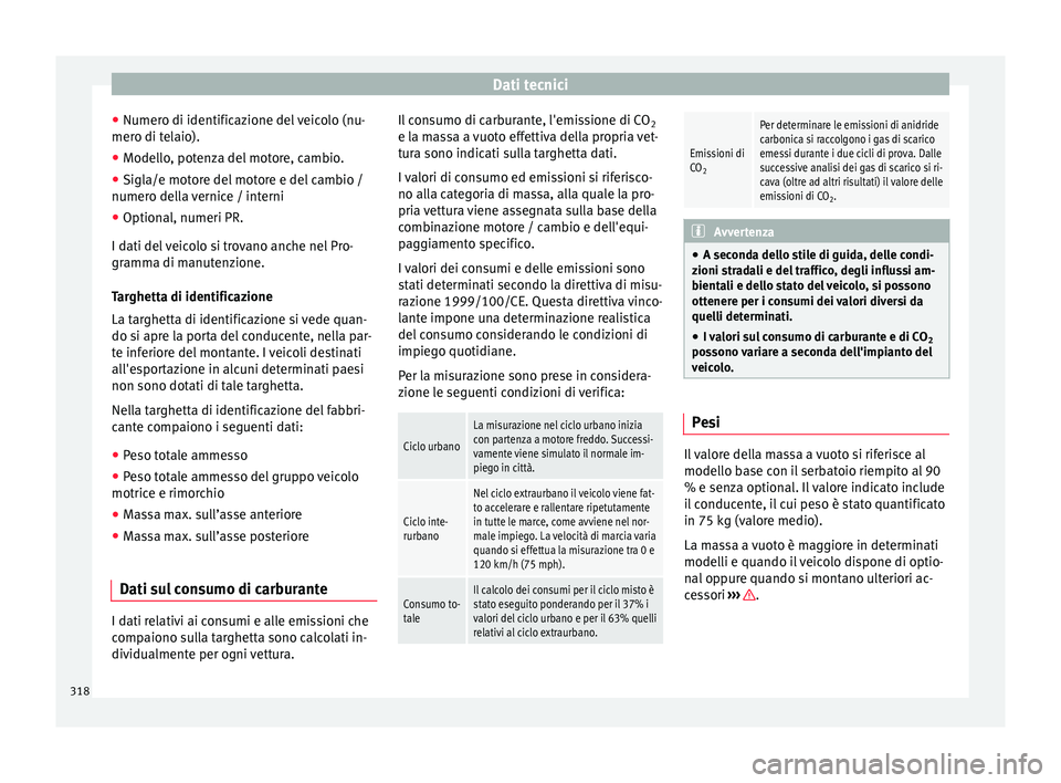 Seat Alhambra 2016 Manuale del proprietario (in Italian) Dati tecnici
● Numer o di identific
az
ione del veicolo (nu-
mero di telaio).
● Modello, potenza del motore, cambio.
● Sigla/e motore del motore e del cambio /
numero dell
a vernice / interni
Seat Alhambra 2016 Manuale del proprietario (in Italian) Dati tecnici
● Numer o di identific
az
ione del veicolo (nu-
mero di telaio).
● Modello, potenza del motore, cambio.
● Sigla/e motore del motore e del cambio /
numero dell
a vernice / interni