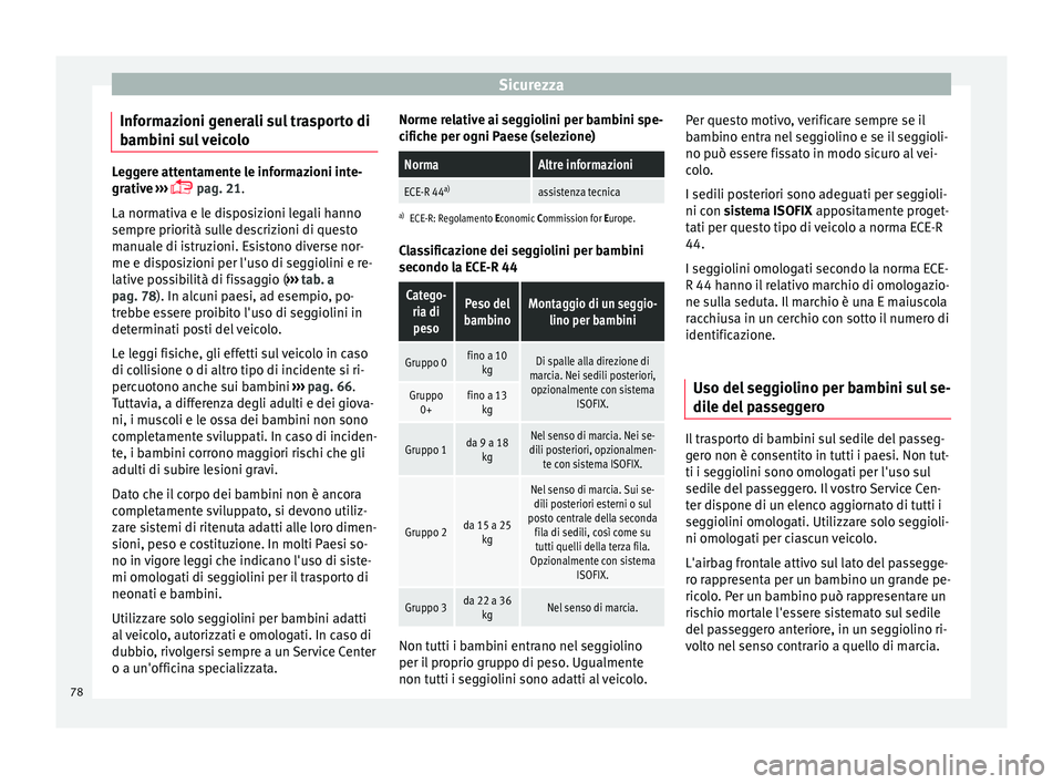 Seat Alhambra 2016 Manuale del proprietario (in Italian) Sicurezza
Informazioni generali sul trasporto di
b amb
ini s
ul veicoloLeggere attentamente le informazioni inte-
grativ
e
›››
pag. 21.
La normativa e le disposizioni legali hanno
sempre Seat Alhambra 2016 Manuale del proprietario (in Italian) Sicurezza
Informazioni generali sul trasporto di
b amb
ini s
ul veicoloLeggere attentamente le informazioni inte-
grativ
e
›››
pag. 21.
La normativa e le disposizioni legali hanno
sempre