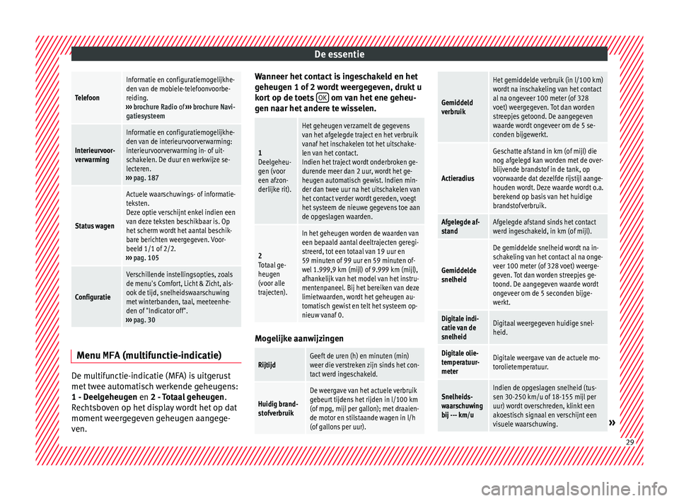 Seat Alhambra 2016  Handleiding (in Dutch) De essentieTelefoon
Informatie en configuratiemogelijkhe-
den van de mobiele-telefoonvoorbe-
reiding.
›››  brochure Radio of  ››› brochure Navi-
gatiesysteem
Interieurvoor-
verwarming
Info