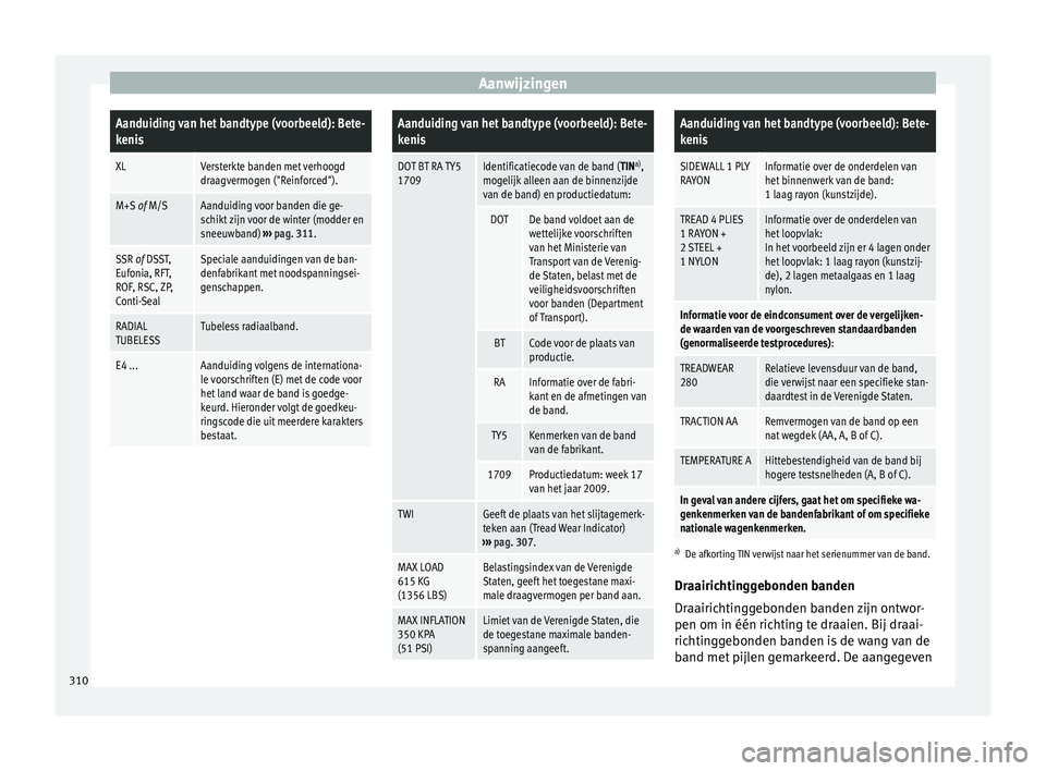 Seat Alhambra 2016  Handleiding (in Dutch) AanwijzingenAanduiding van het bandtype (voorbeeld): Bete-
kenis
XLVersterkte banden met verhoogd
draagvermogen ("Reinforced").
M+S 
of M/SAanduiding voor banden die ge-
schikt zijn voor de wi