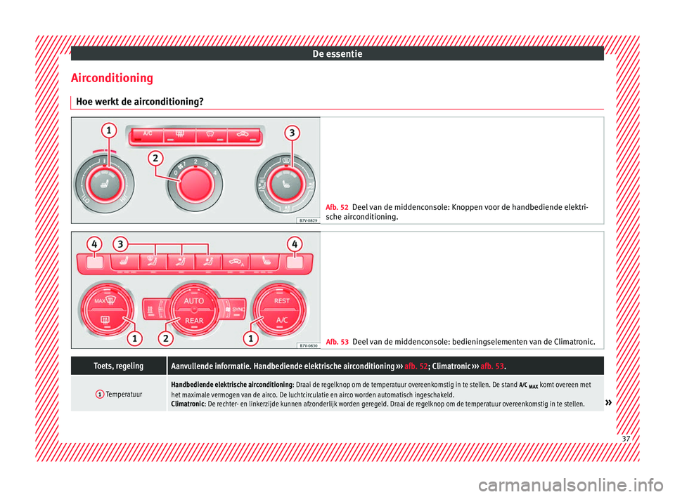 Seat Alhambra 2016  Handleiding (in Dutch) De essentie
Airconditioning Hoe w erkt
 de air c
onditioning? Afb. 52
Deel van de middenconsole: Knoppen voor de handbediende elektri-
sche air c

onditioning. Afb. 53
Deel van de middenconsole: bedie