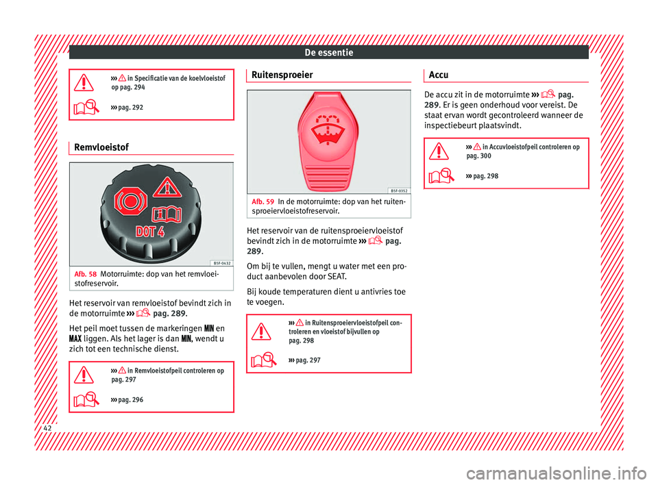 Seat Alhambra 2016  Handleiding (in Dutch) De essentie
›››  in Specificatie van de koelvloeistof
op pag. 294
›››  pag. 292 Remvloeistof
Afb. 58
Motorruimte: dop van het remvloei-
s t
ofr e

servoir. Het reservoir van remvloei