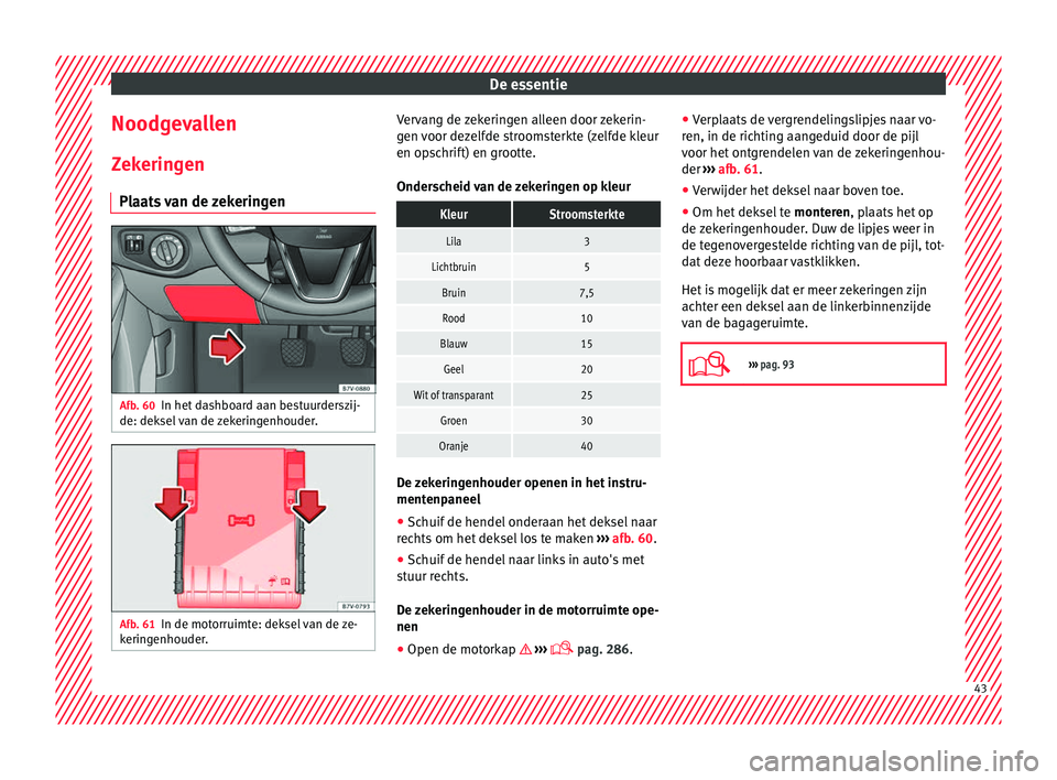 Seat Alhambra 2016  Handleiding (in Dutch) De essentie
Noodgevallen Z ek
erin g
en
Plaats van de zekeringen Afb. 60
In het dashboard aan bestuurderszij-
de: dek sel
 v

an de zekeringenhouder. Afb. 61
In de motorruimte: deksel van de ze-
k eri