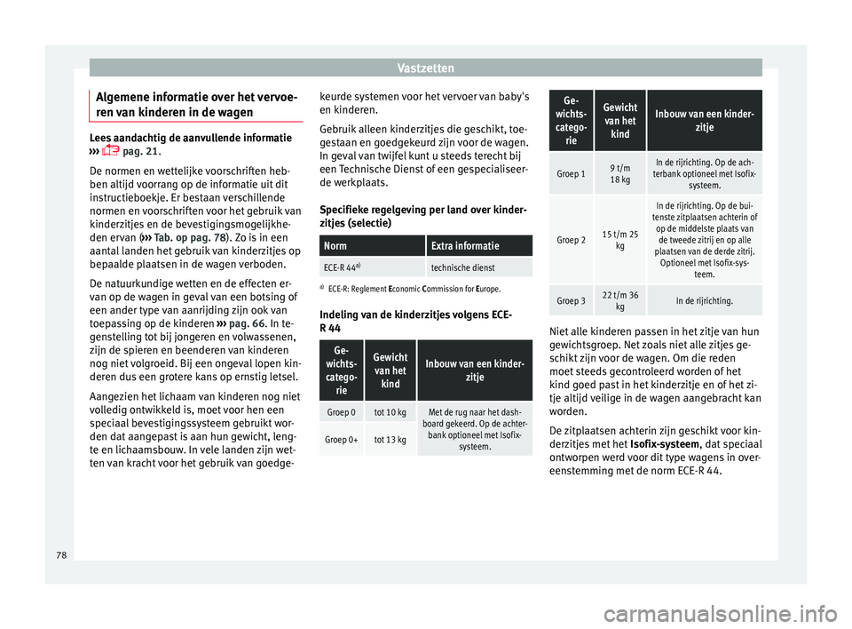 Seat Alhambra 2016 Handleiding (in Dutch) Vastzetten
Algemene informatie over het vervoe-
r en
van k
inderen in de wagenLees aandachtig de aanvullende informatie
›››
p
ag. 21.
De normen en wettelijke voorschriften heb-
ben altij Seat Alhambra 2016 Handleiding (in Dutch) Vastzetten
Algemene informatie over het vervoe-
r en
van k
inderen in de wagenLees aandachtig de aanvullende informatie
›››
p
ag. 21.
De normen en wettelijke voorschriften heb-
ben altij
