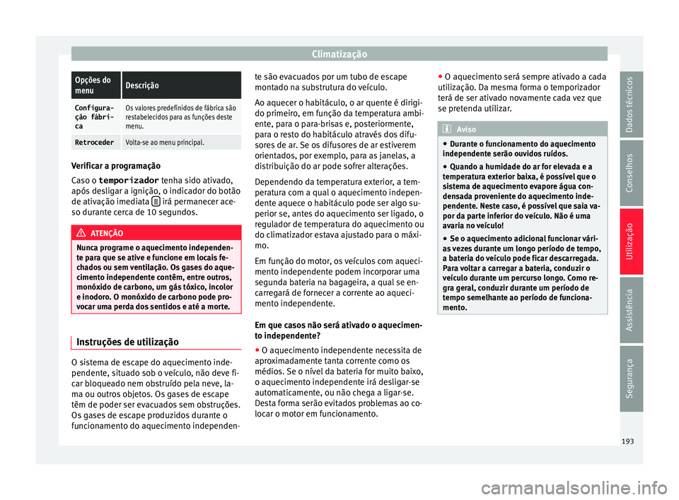 Seat Alhambra 2016 Manual do proprietário (in Portuguese) ClimatizaçãoOpções do
menuDescrição
Configura-
ção fábri-
caOs valores predefinidos de fábrica são
restabelecidos para as funções deste
menu.
RetrocederVolta-se ao menu principal.
Verific Seat Alhambra 2016 Manual do proprietário (in Portuguese) ClimatizaçãoOpções do
menuDescrição
Configura-
ção fábri-
caOs valores predefinidos de fábrica são
restabelecidos para as funções deste
menu.
RetrocederVolta-se ao menu principal.
Verific