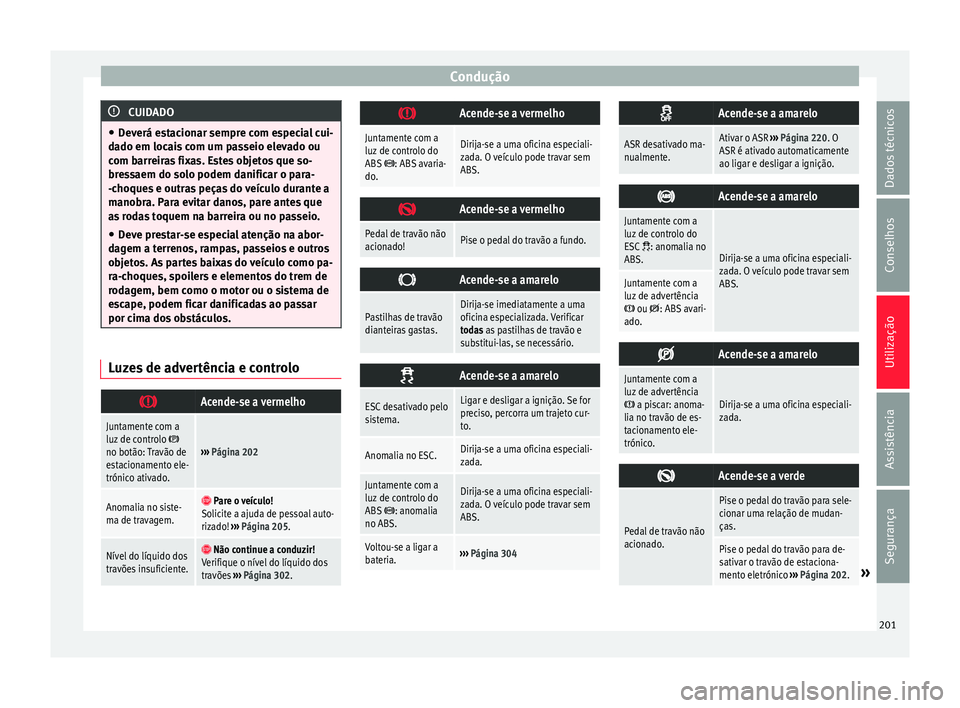 Seat Alhambra 2016  Manual do proprietário (in Portuguese)  Condução
CUIDADO
● Dev erá e
stacionar sempre com especial cui-
dado em locais com um passeio elevado ou
com barreiras fixas. Estes objetos que so-
bressaem do solo podem danificar o para-
-choqu
