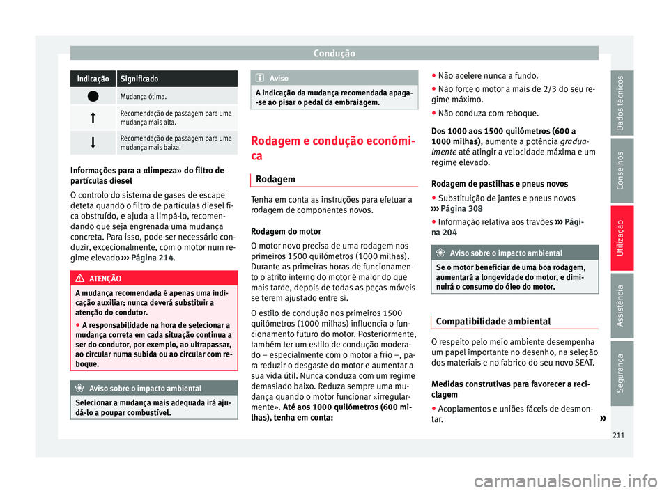 Seat Alhambra 2016  Manual do proprietário (in Portuguese)  ConduçãoindicaçãoSignificado

Mudança ótima.

Recomendação de passagem para uma
mudança mais alta.

Recomendação de passagem para uma
mudança mais baixa.
Informações para a «li
