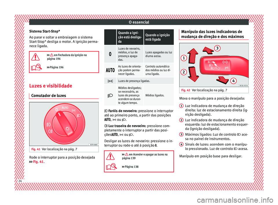 Seat Alhambra 2016 Manual do proprietário (in Portuguese) O essencial
Sistema Start-Stop*
Ao p ar
ar e so
ltar a embraiagem o sistema
Start-Stop* desliga o motor. A ignição perma-
nece ligada.
››› em Fechadura da ignição na
página 196
› Seat Alhambra 2016 Manual do proprietário (in Portuguese) O essencial
Sistema Start-Stop*
Ao p ar
ar e so
ltar a embraiagem o sistema
Start-Stop* desliga o motor. A ignição perma-
nece ligada.
››› em Fechadura da ignição na
página 196
›