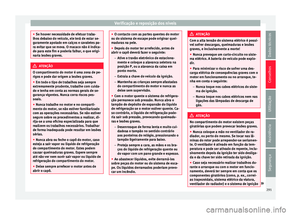 Seat Alhambra 2016 Manual do proprietário (in Portuguese) Verificação e reposição dos níveis
●
Se houv er nec
essidade de efetuar traba-
lhos debaixo do veículo, ele terá de estar se-
guramente apoiado em calços e cavaletes pa-
ra evitar que se mov Seat Alhambra 2016 Manual do proprietário (in Portuguese) Verificação e reposição dos níveis
●
Se houv er nec
essidade de efetuar traba-
lhos debaixo do veículo, ele terá de estar se-
guramente apoiado em calços e cavaletes pa-
ra evitar que se mov