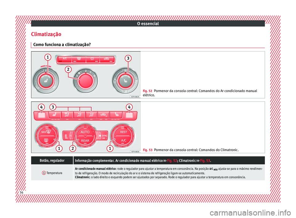 Seat Alhambra 2016 Manual do proprietário (in Portuguese) O essencial
Climatização C omo f
u
nciona a climatização? Fig. 52
Pormenor da consola central: Comandos do Ar condicionado manual
elétrico . Fig. 53
Pormenor da consola central: Comandos do Clima Seat Alhambra 2016 Manual do proprietário (in Portuguese) O essencial
Climatização C omo f
u
nciona a climatização? Fig. 52
Pormenor da consola central: Comandos do Ar condicionado manual
elétrico . Fig. 53
Pormenor da consola central: Comandos do Clima