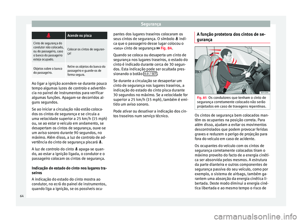 Seat Alhambra 2016  Manual do proprietário (in Portuguese)  Segurança
Acende ou pisca
Cinto de segurança do
condutor não colocado,
ou do passageiro, caso
o banco do passageiro
esteja ocupado.
Colocar os cintos de seguran-
ça!
Objetos sobre o banco
do pa