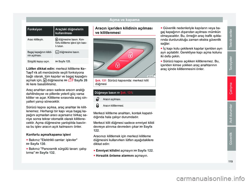 Seat Alhambra 2016 Kullanım Kılavuzu (in Turkish) Açma ve kapamaFonksiyonAraçtaki düğmelerin
kullanılması
Aracı kilitleyin.
düğmesine basın. Kon-
forlu kilitleme işlevi için bası-
lı tutun.
Bagaj kapağının kilidi-
nin açılması Seat Alhambra 2016 Kullanım Kılavuzu (in Turkish) Açma ve kapamaFonksiyonAraçtaki düğmelerin
kullanılması
Aracı kilitleyin.
düğmesine basın. Kon-
forlu kilitleme işlevi için bası-
lı tutun.
Bagaj kapağının kilidi-
nin açılması