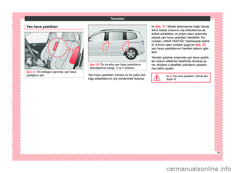 Seat Alhambra 2016  Kullanım Kılavuzu (in Turkish) Temeller
Yan hava yastıkları Şek. 31
Ön koltuğun yanında: yan hava
yastığının yeri Şek. 32
Ön ve arka yan hava yastıklarını
etkinleştirme aralığı. 5 ve 7 koltuklu. Yan hava yastıkl