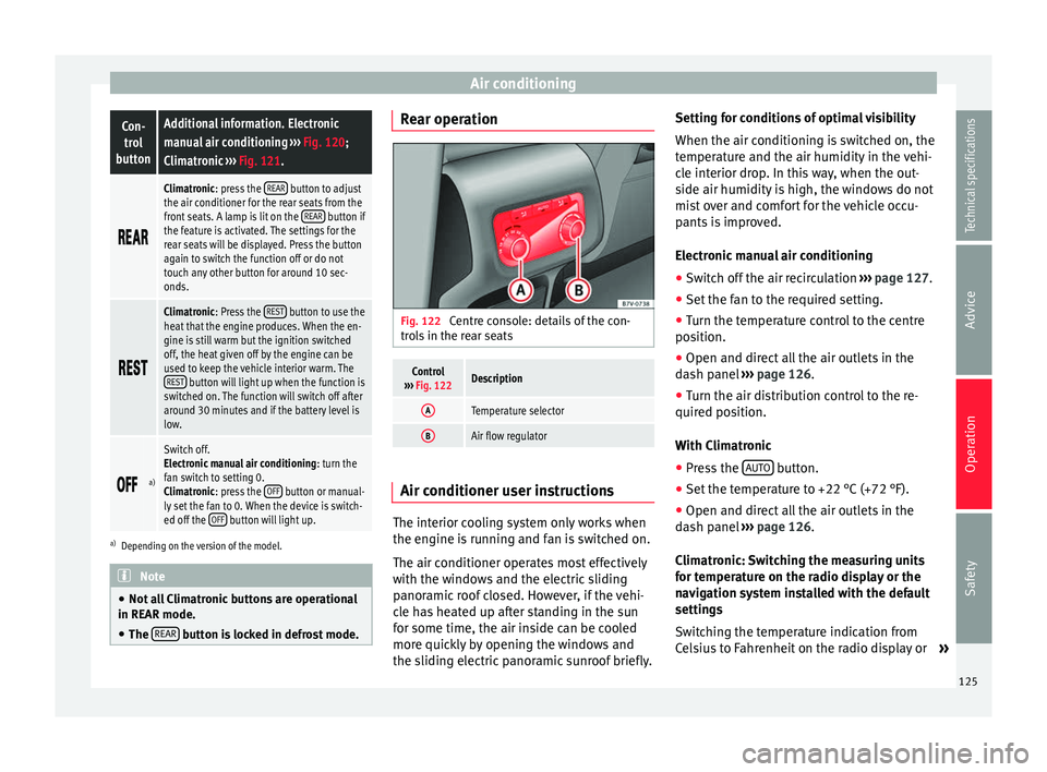 Seat Alhambra 2015  Owners Manual Air conditioningCon-
trol
buttonAdditional information. Electronic
manual air conditioning  ››› Fig. 120;
Climatronic  ››› Fig. 121. 
Climatronic: press the 
REAR button to adj