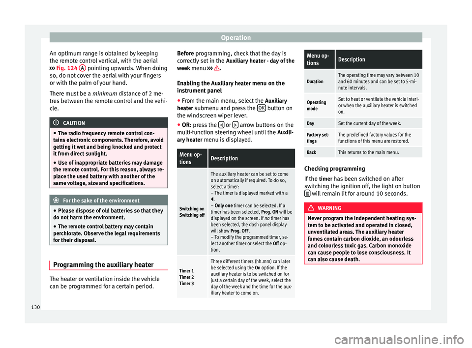 Seat Alhambra 2015  Owners Manual Operation
An optimum range is obtained by keeping
the remote control vertical, with the aerial
›››  Fig. 124  A  pointing upwards. When doing
so, do not cover the aerial with your fingers
or wit