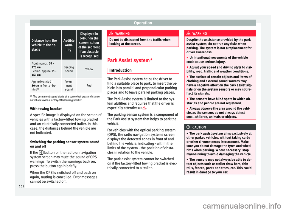 Seat Alhambra 2015  Owners Manual OperationDistance from the
vehicle to the ob-
stacleAudible
warn- ing
Displayed in
colour on the
screen: colour
of the segment if an obstacleis recognised
Front: approx.  31 -
120 cm
Behind: approx. 3