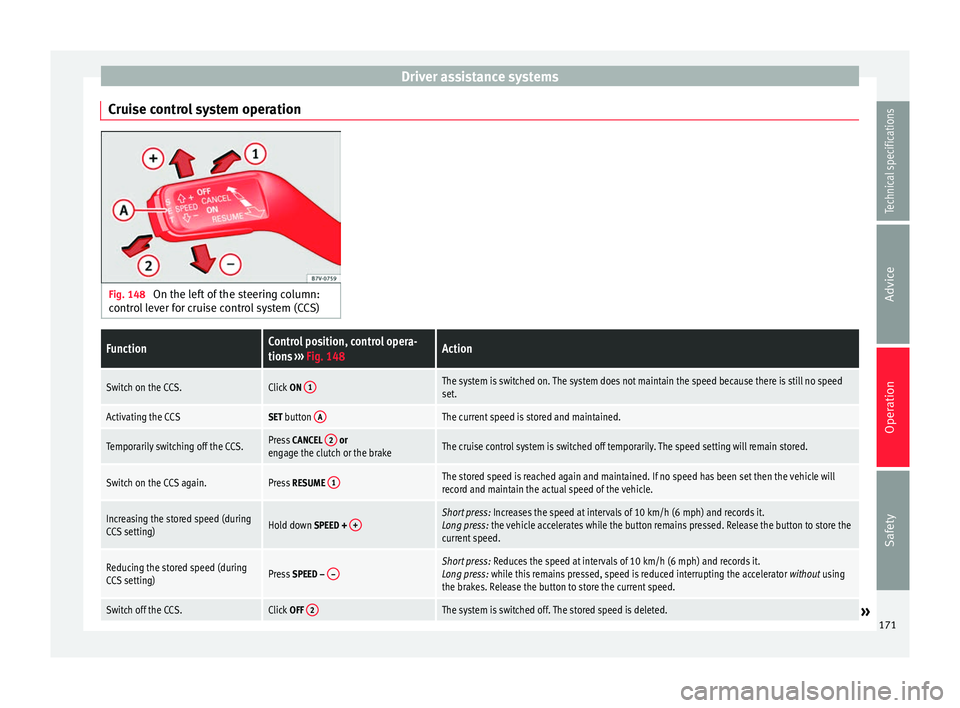 Seat Alhambra 2015 Owners Manual Driver assistance systems
Cruise control system operation Fig. 148
On the left of the steering column:
control lever for cruise control system (CCS)FunctionControl position, control opera-
tions › Seat Alhambra 2015 Owners Manual Driver assistance systems
Cruise control system operation Fig. 148
On the left of the steering column:
control lever for cruise control system (CCS)FunctionControl position, control opera-
tions ›