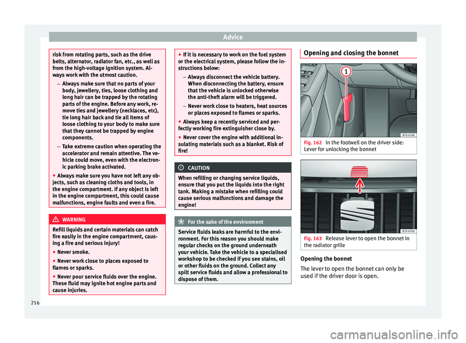 Seat Alhambra 2015  Owners Manual Advice
risk from rotating parts, such as the drive
belts, alternator, radiator fan, etc., as well as
from the high-voltage ignition system. Al-
ways work with the utmost caution.
– Always make sure 