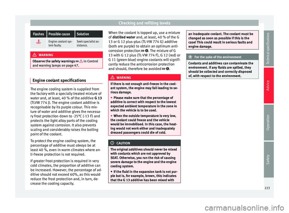 Seat Alhambra 2015  Owners Manual Checking and refilling levelsFlashesPossible causeSolution

Engine coolant sys-
tem faulty.Seek specialist as-
sistance.
WARNING
Observe the safety warnings  ›››   in Control
and warning lamp