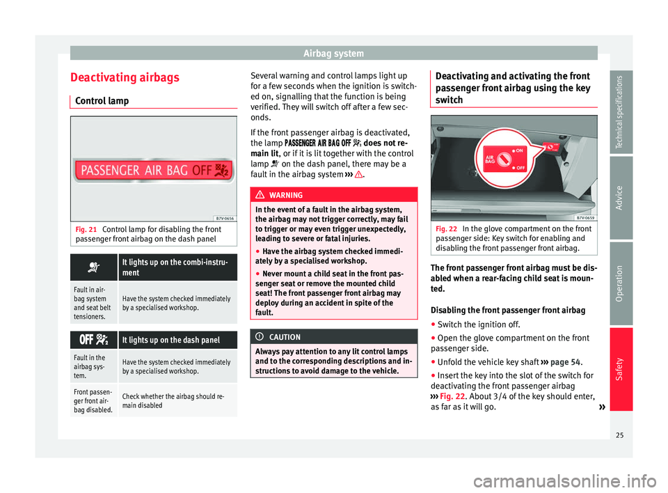 Seat Alhambra 2015  Owners Manual Airbag system
Deactivating airbags Control lamp Fig. 21 
Control lamp for disabling the front
passenger front airbag on the dash panel It lights up on the combi-instru-
ment
Fault in air-
bag syste