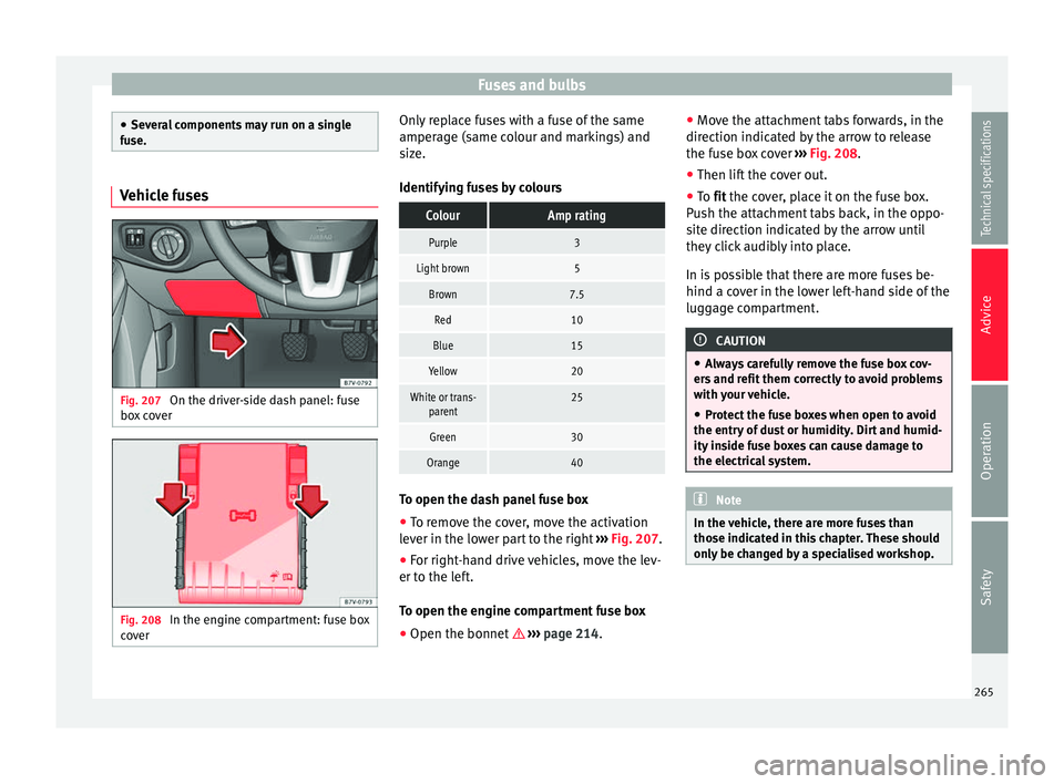 Seat Alhambra 2015 Owners Manual Fuses and bulbs
●
Several components may run on a single
fuse. Vehicle fuses
Fig. 207
On the driver-side dash panel: fuse
box cover Fig. 208
In the engine compartment: fuse box
cover Only replace Seat Alhambra 2015 Owners Manual Fuses and bulbs
●
Several components may run on a single
fuse. Vehicle fuses
Fig. 207
On the driver-side dash panel: fuse
box cover Fig. 208
In the engine compartment: fuse box
cover Only replace