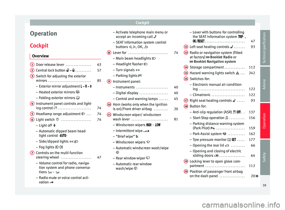 Seat Alhambra 2015  Owners Manual Cockpit
Operation
Cockpit Overview Door release lever
 . . . . . . . . . . . . . . . . 63
Central lock button     . . . . . . . . . . 57
Switch for adjusting the exterior
mirrors  . . . . . .