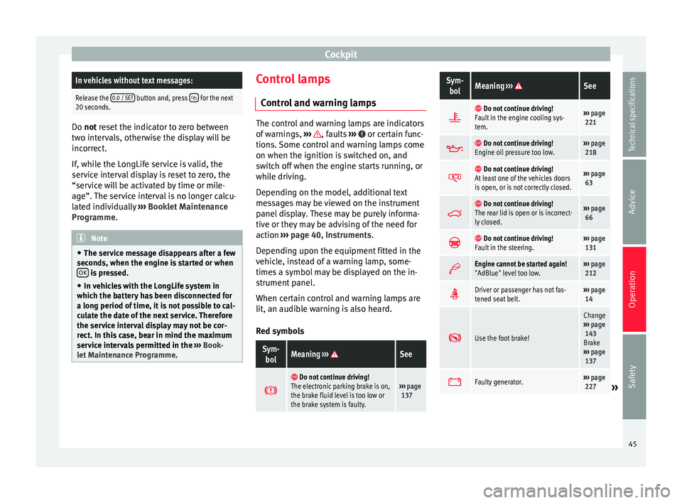 Seat Alhambra 2015  Owners Manual CockpitIn vehicles without text messages:
Release the 
0.0 / SET button and, press  for the next
20 seconds. Do not
 reset the indicator to zero between
tw

o intervals, otherwise the display will 