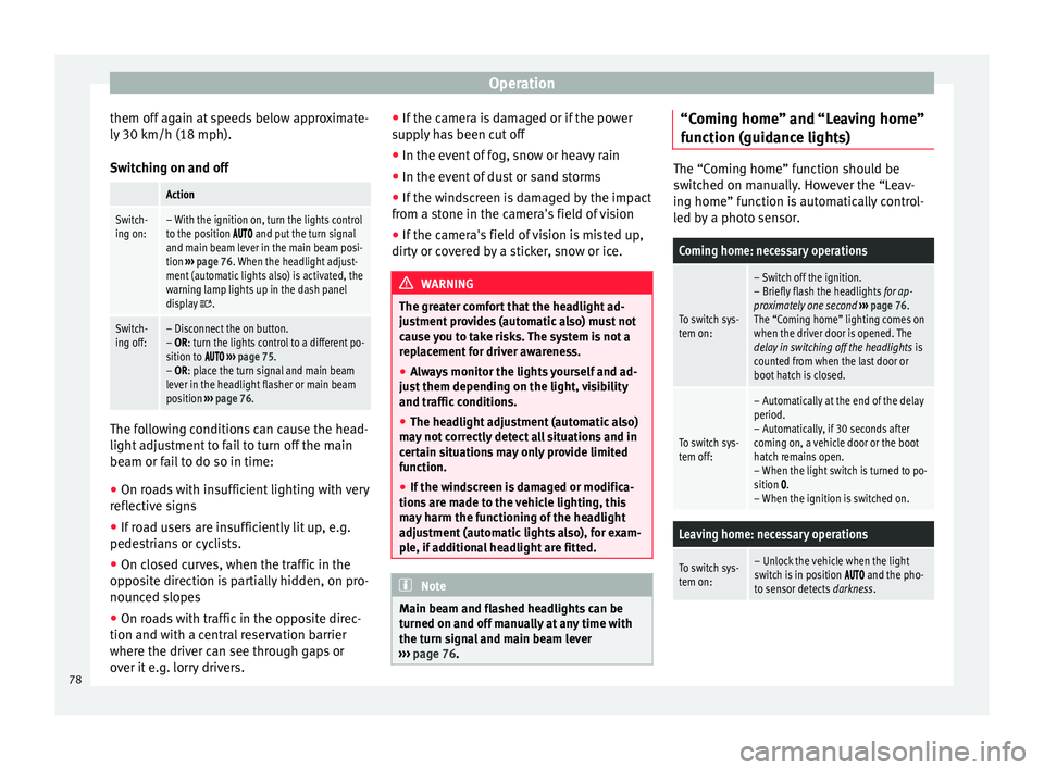 Seat Alhambra 2015 Manual PDF Operation
them off again at speeds below approximate-
ly 30 km/h (18 mph).
Switching on and off Action
Switch-
ing on:– With the ignition on, turn the lights control
to the position and Seat Alhambra 2015 Manual PDF Operation
them off again at speeds below approximate-
ly 30 km/h (18 mph).
Switching on and off Action
Switch-
ing on:– With the ignition on, turn the lights control
to the position and