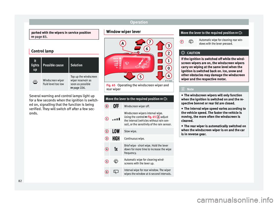 Seat Alhambra 2015 Manual Online Operation
parked with the wipers in service position
››› page 83. Control lampIt
lights upPossible causeSolution
Windscreen wiper
fluid level too lowTop up the windscreen
wiper reservoir as Seat Alhambra 2015 Manual Online Operation
parked with the wipers in service position
››› page 83. Control lampIt
lights upPossible causeSolution
Windscreen wiper
fluid level too lowTop up the windscreen
wiper reservoir as