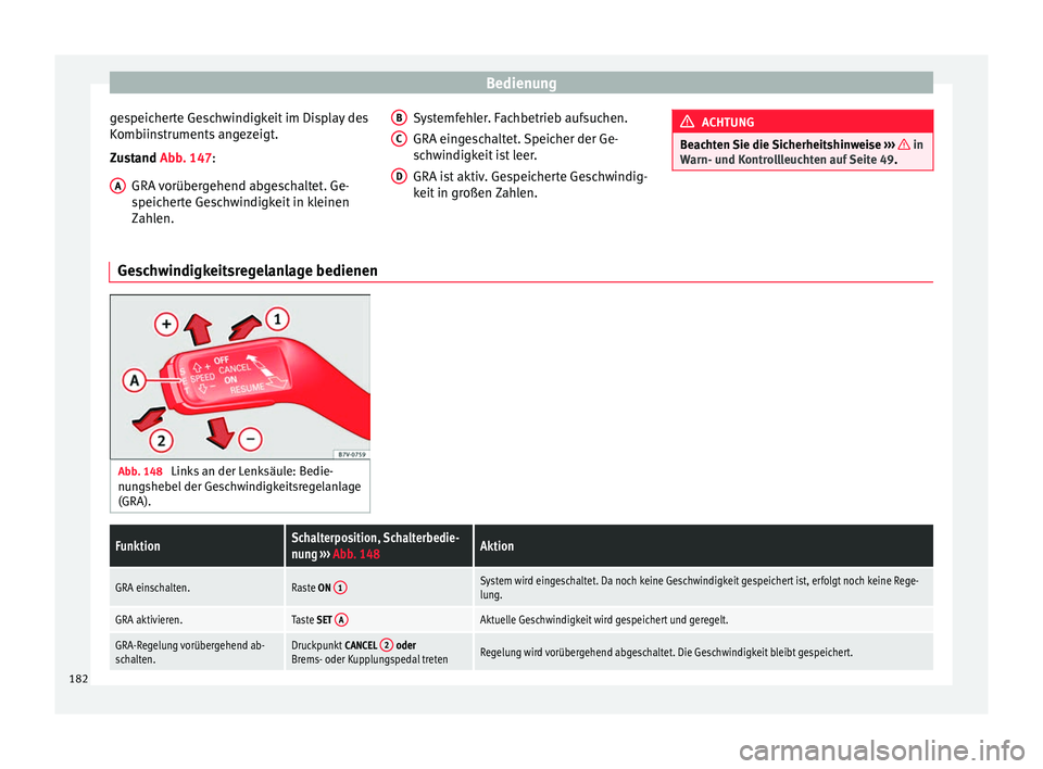 Seat Alhambra 2015 Betriebsanleitung (in German) Bedienung
gespeicherte Geschwindigkeit im Display des
Kombiinstruments angezeigt.
Zustand
Abb. 147:
GRA vorübergehend abgeschaltet. Ge-
speicherte Geschwindigkeit in kleinen
Zahlen.
A Systemfehler. Seat Alhambra 2015 Betriebsanleitung (in German) Bedienung
gespeicherte Geschwindigkeit im Display des
Kombiinstruments angezeigt.
Zustand
Abb. 147:
GRA vorübergehend abgeschaltet. Ge-
speicherte Geschwindigkeit in kleinen
Zahlen.
A Systemfehler.