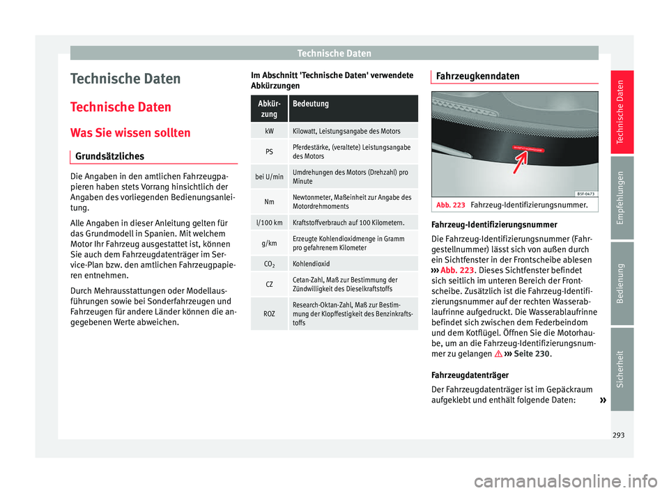 Seat Alhambra 2015 Betriebsanleitung (in German) Technische Daten
Technische Daten
Technische Daten Was Sie wissen sollten Grundsätzliches Die Angaben in den amtlichen Fahrzeugpa-
pieren haben stets Vorrang hinsichtlich der
Angaben des vorliegenden Seat Alhambra 2015 Betriebsanleitung (in German) Technische Daten
Technische Daten
Technische Daten Was Sie wissen sollten Grundsätzliches Die Angaben in den amtlichen Fahrzeugpa-
pieren haben stets Vorrang hinsichtlich der
Angaben des vorliegenden
