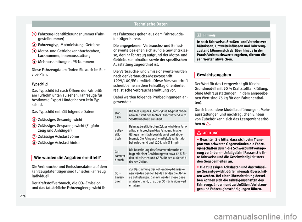 Seat Alhambra 2015 Betriebsanleitung (in German) Technische Daten
Fahrzeug-Identifizierungsnummer (Fahr-
gestellnummer)
Fahrzeugtyp, Motorleistung, Getriebe
Motor- und Getriebekennbuchstaben,
Lacknummer, Innenausstattung
Mehrausstattungen, PR-Nummer Seat Alhambra 2015 Betriebsanleitung (in German) Technische Daten
Fahrzeug-Identifizierungsnummer (Fahr-
gestellnummer)
Fahrzeugtyp, Motorleistung, Getriebe
Motor- und Getriebekennbuchstaben,
Lacknummer, Innenausstattung
Mehrausstattungen, PR-Nummer