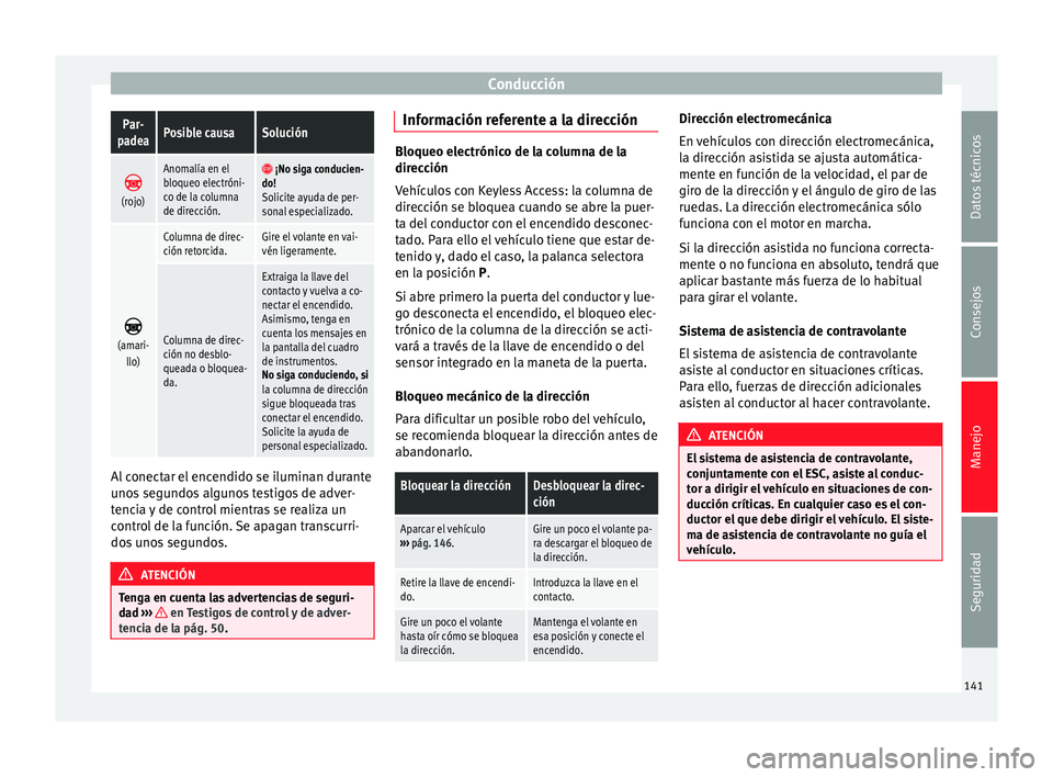 Seat Alhambra 2015 Manual del propietario (in Spanish) ConducciónPar-
padeaPosible causaSolución
(rojo)
Anomalía en el
bloqueo electróni-
co de la columna
de dirección. ¡No siga conducien-
do!
Solicite ayuda de per-
sonal especializado.
Seat Alhambra 2015 Manual del propietario (in Spanish) ConducciónPar-
padeaPosible causaSolución
(rojo)
Anomalía en el
bloqueo electróni-
co de la columna
de dirección. ¡No siga conducien-
do!
Solicite ayuda de per-
sonal especializado. 