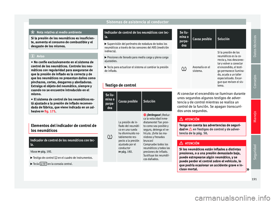 Seat Alhambra 2015 Manual del propietario (in Spanish) Sistemas de asistencia al conductor
Nota relativa al medio ambiente
Si la presión de los neumáticos es insuficien-
te, aumenta el consumo de combustible y el
desgaste de los mismos. Aviso
● No con Seat Alhambra 2015 Manual del propietario (in Spanish) Sistemas de asistencia al conductor
Nota relativa al medio ambiente
Si la presión de los neumáticos es insuficien-
te, aumenta el consumo de combustible y el
desgaste de los mismos. Aviso
● No con
