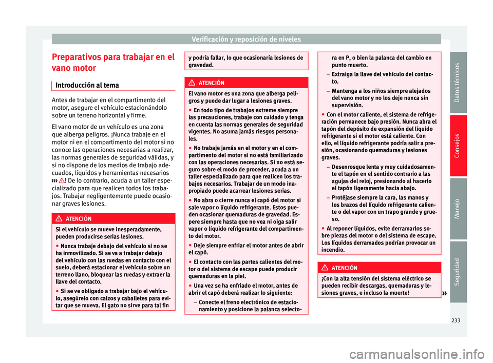 Seat Alhambra 2015 Manual del propietario (in Spanish) Verificación y reposición de niveles
Preparativos para trabajar en el
vano motor Introducción al tema Antes de trabajar en el compartimento del
motor, asegure el vehículo estacionándolo
sobre un Seat Alhambra 2015 Manual del propietario (in Spanish) Verificación y reposición de niveles
Preparativos para trabajar en el
vano motor Introducción al tema Antes de trabajar en el compartimento del
motor, asegure el vehículo estacionándolo
sobre un