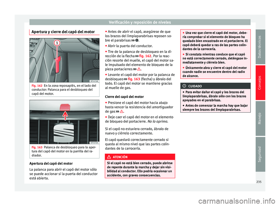 Seat Alhambra 2015 Manual del propietario (in Spanish) Verificación y reposición de niveles
Apertura y cierre del capó del motor Fig. 162
En la zona reposapiés, en el lado del
conductor: Palanca para el desbloqueo del
capó del motor. Fig. 163
Palanca Seat Alhambra 2015 Manual del propietario (in Spanish) Verificación y reposición de niveles
Apertura y cierre del capó del motor Fig. 162
En la zona reposapiés, en el lado del
conductor: Palanca para el desbloqueo del
capó del motor. Fig. 163
Palanca