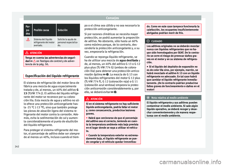 Seat Alhambra 2015 Manual del propietario (in Spanish) ConsejosPar-
pa-
deaPosible causaSolución
Sistema del líquido
refrigerante del motor
averiado.Solicite la ayuda de
personal especializa-
do.
ATENCIÓN
Tenga en cuenta las advertencias de seguri- Seat Alhambra 2015 Manual del propietario (in Spanish) ConsejosPar-
pa-
deaPosible causaSolución
Sistema del líquido
refrigerante del motor
averiado.Solicite la ayuda de
personal especializa-
do.
ATENCIÓN
Tenga en cuenta las advertencias de seguri-