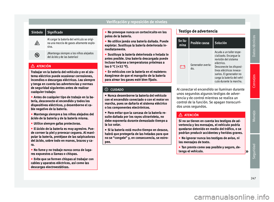 Seat Alhambra 2015 Manual del propietario (in Spanish) Verificación y reposición de nivelesSímboloSignificado
Al cargar la batería del vehículo se origi-
na una mezcla de gases altamente explo-
siva.
¡Mantenga siempre a los niños alejados
d Seat Alhambra 2015 Manual del propietario (in Spanish) Verificación y reposición de nivelesSímboloSignificado
Al cargar la batería del vehículo se origi-
na una mezcla de gases altamente explo-
siva.
¡Mantenga siempre a los niños alejados
d