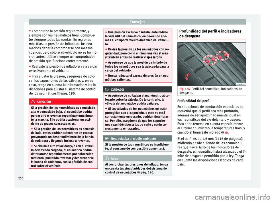 Seat Alhambra 2015 Manual del propietario (in Spanish) Consejos
● Compruebe la presión regularmente, y
siempre con los neumáticos fríos. Comprue-
be siempre todas las ruedas. En regiones
más frías, la presión de inflado de los neu-
máticos deber Seat Alhambra 2015 Manual del propietario (in Spanish) Consejos
● Compruebe la presión regularmente, y
siempre con los neumáticos fríos. Comprue-
be siempre todas las ruedas. En regiones
más frías, la presión de inflado de los neu-
máticos deber