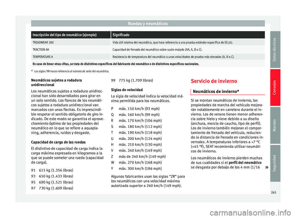Seat Alhambra 2015 Manual del propietario (in Spanish) Ruedas y neumáticosInscripción del tipo de neumático (ejemplo)Significado
TREADWEAR 280Vida útil relativa del neumático, que hace referencia a una prueba estándar específica de EE.UU.
TRACTION Seat Alhambra 2015 Manual del propietario (in Spanish) Ruedas y neumáticosInscripción del tipo de neumático (ejemplo)Significado
TREADWEAR 280Vida útil relativa del neumático, que hace referencia a una prueba estándar específica de EE.UU.
TRACTION