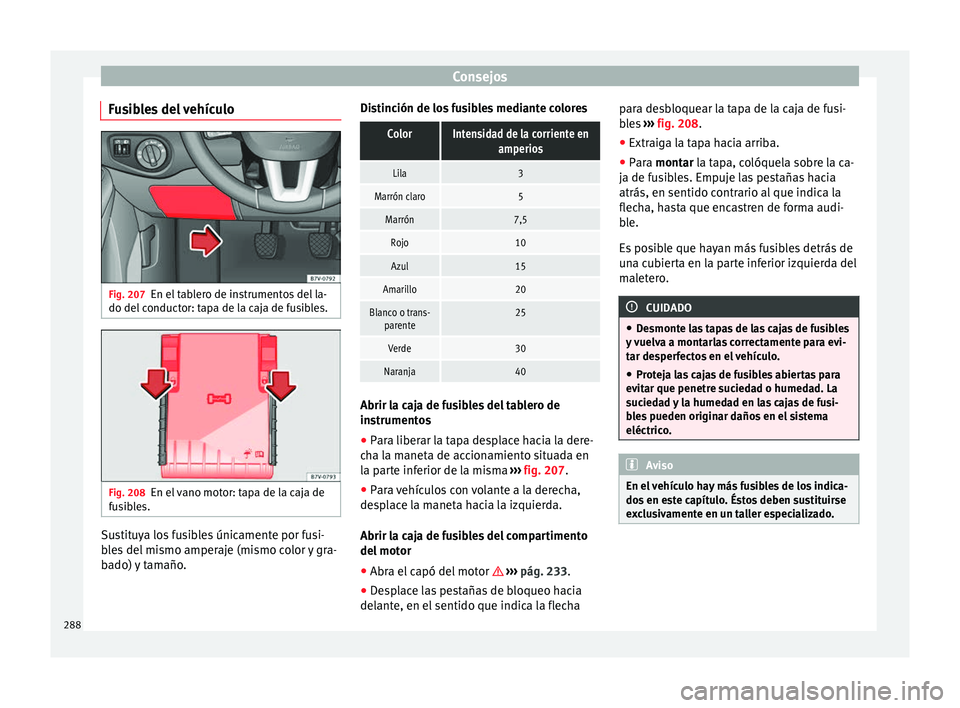 Seat Alhambra 2015  Manual del propietario (in Spanish) Consejos
Fusibles del vehículo Fig. 207
En el tablero de instrumentos del la-
do del conductor: tapa de la caja de fusibles. Fig. 208
En el vano motor: tapa de la caja de
fusibles. Sustituya los fusi